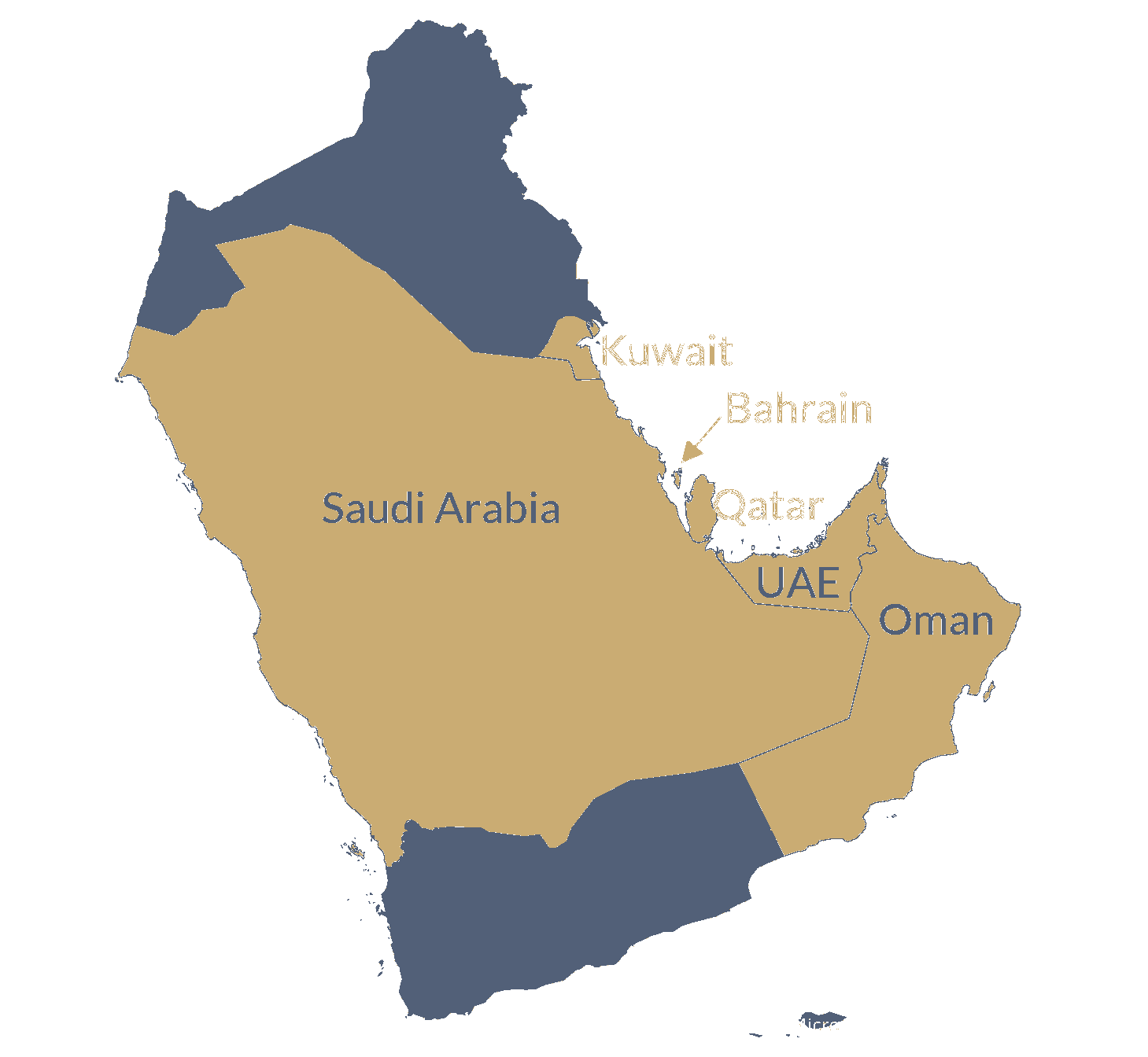 Map of GCC countries covered by READ Advisors: Saudi Arabia, UAE, Qatar, Kuwait, Bahrain and Oman